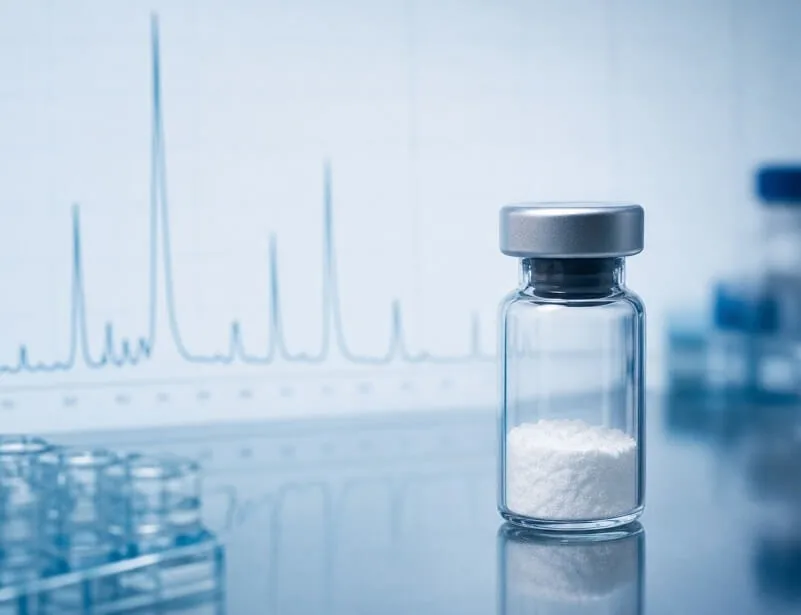 A glass vial of white freeze-dried powder on a laboratory bench, with a chromatogram chart blurred in the background.